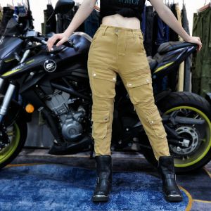 LOONG BIKER 摩托车骑行裤女款骑士复古休闲多袋机车卡其色工装裤